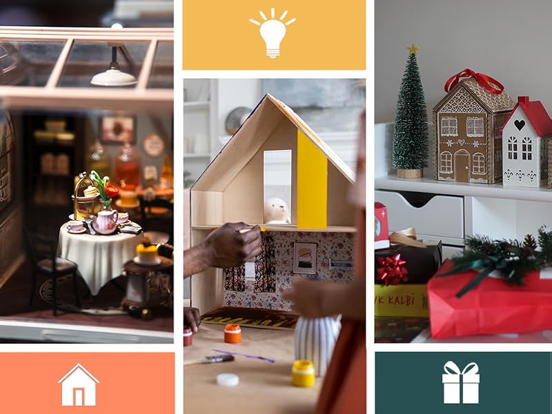 Collage of miniature house scenes with warm lighting, featuring small decorative buildings, Christmas trees, and cozy interior setups photographed from different angles.