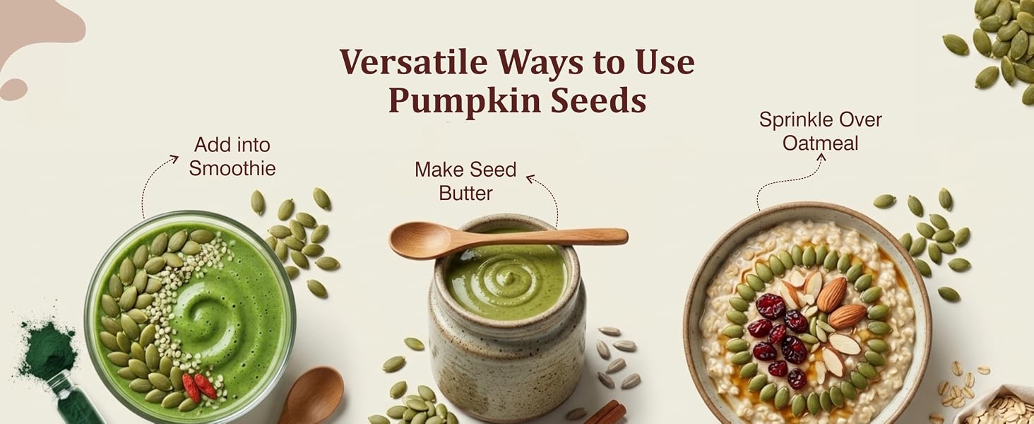 Aiva Pumpkin Seeds recipe ideas with smoothie, seed butter, and oatmeal.
