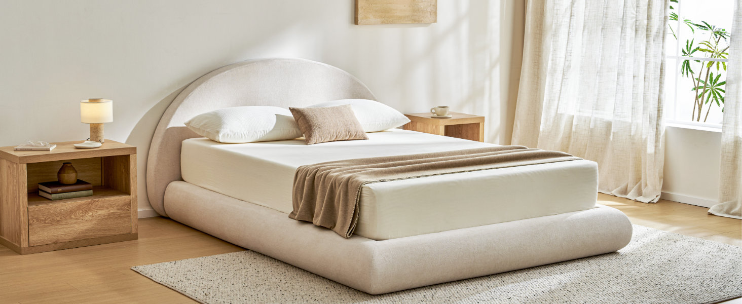 soft boucle fabric bed frame for urban apartments, master bedrooms, attics, kids, guest and seniors