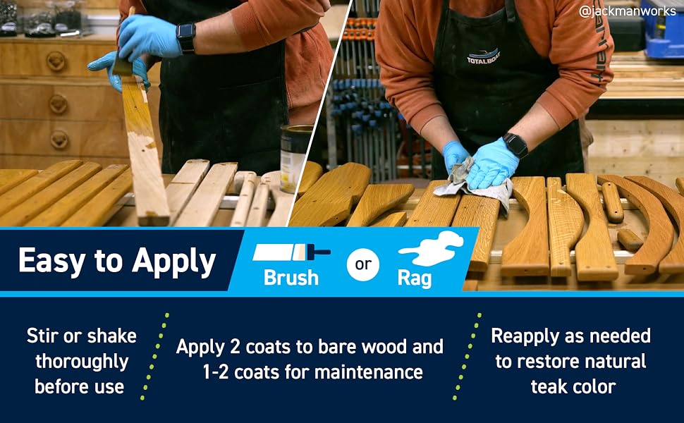Applying TotalBoat Danish Teak Sealer by brush and rag on teak woodworking projects