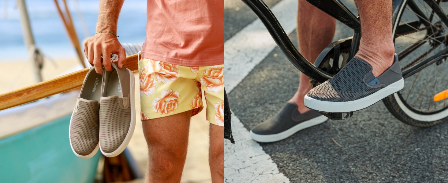 closeup of OluKai Lae‘ahi men&amp;#39;s breathable slip-on shoes and a man wearing while on a bike