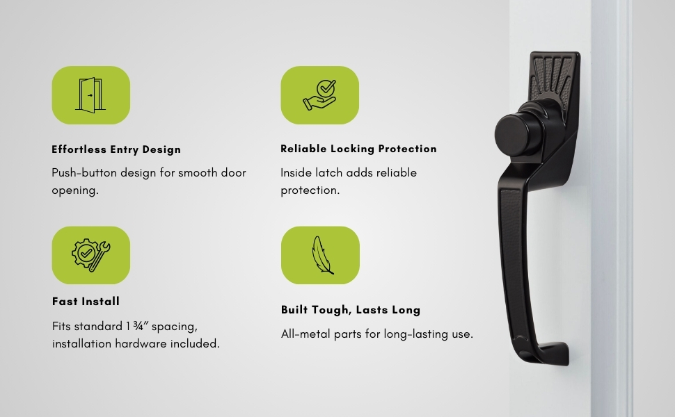 push button, storm door, screen door, latch, door, door handle, handle button, door hardware
