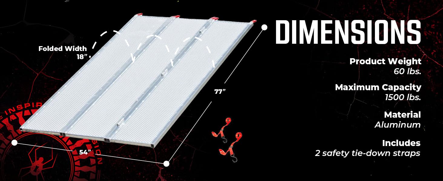 Aluminum ATV ramp with dimensions 77x54 inches, 1,500 lb capacity, includes 2 tie-down straps.