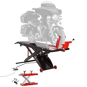 Black Widow ProLift Heavy-Duty Pneumatic Motorcycle Lift Table for Garage with Loading Ramp and Jack