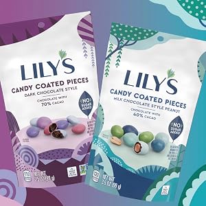 Bag of Lily's dark chocolate candy coated pieces and milk chocolate style peanut candy coated pieces