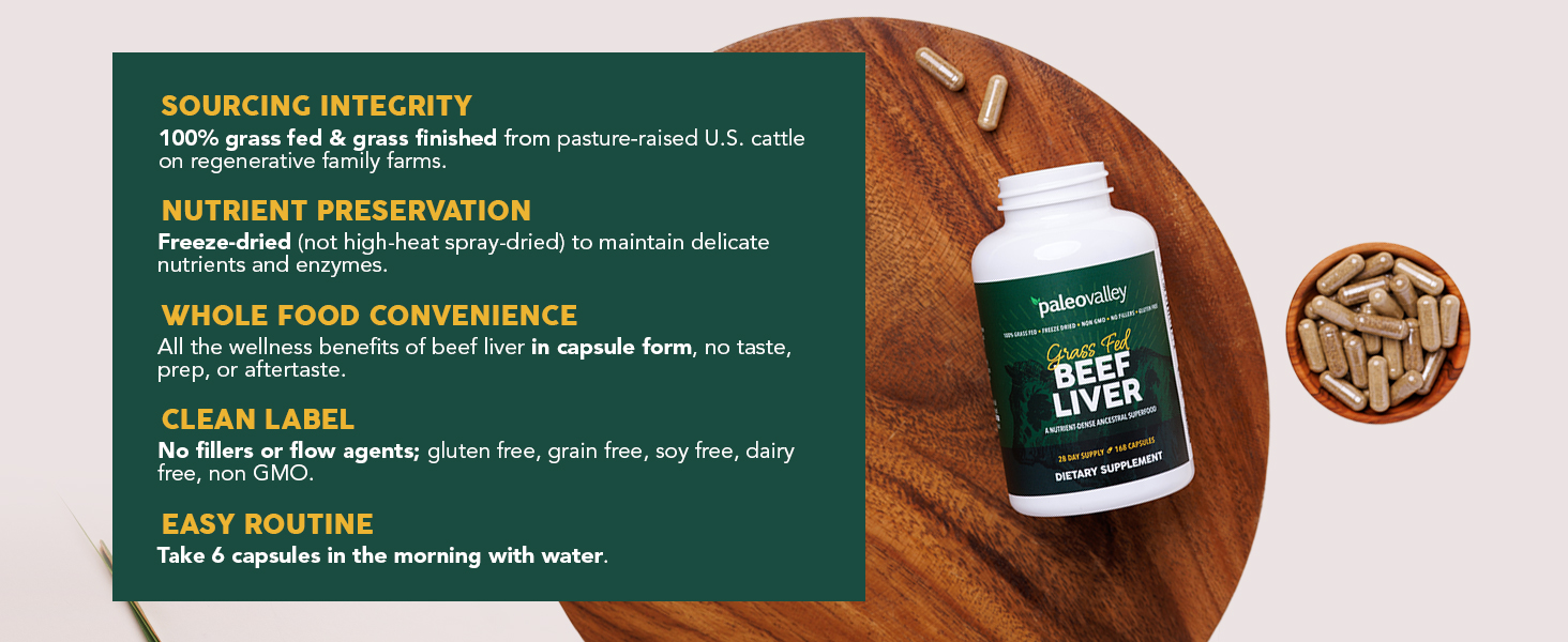 Paleovalley pasture raised grass fed grass finished freeze dried beef liver supplement pills