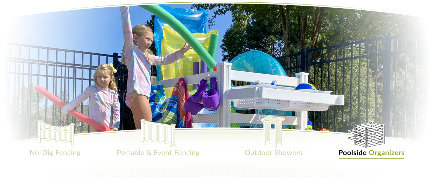 Zippity Outdoor Products poolside organizer holding towels and toys near a backyard swimming pool