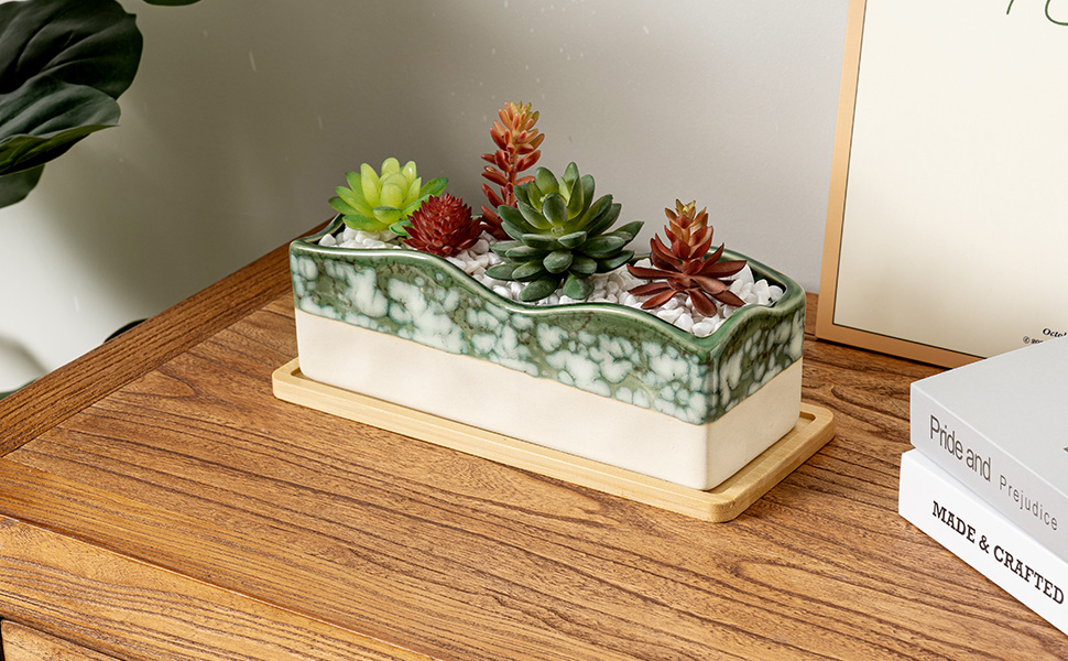 Beige Green Ceramic Glazed Rectangular Succulent Planter Pot