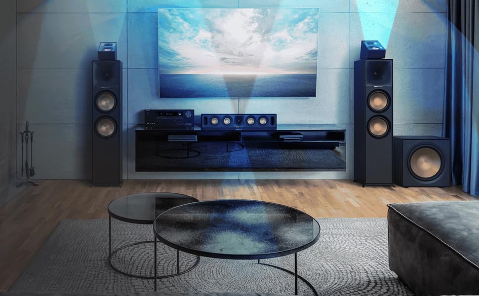 AV receiver and speaker set-up with sound waves shown