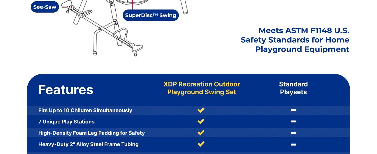 XDP Recreation metal backyard swing set for up to 10 kids. Includes a slide, see-saw, &amp;amp; 5 swings