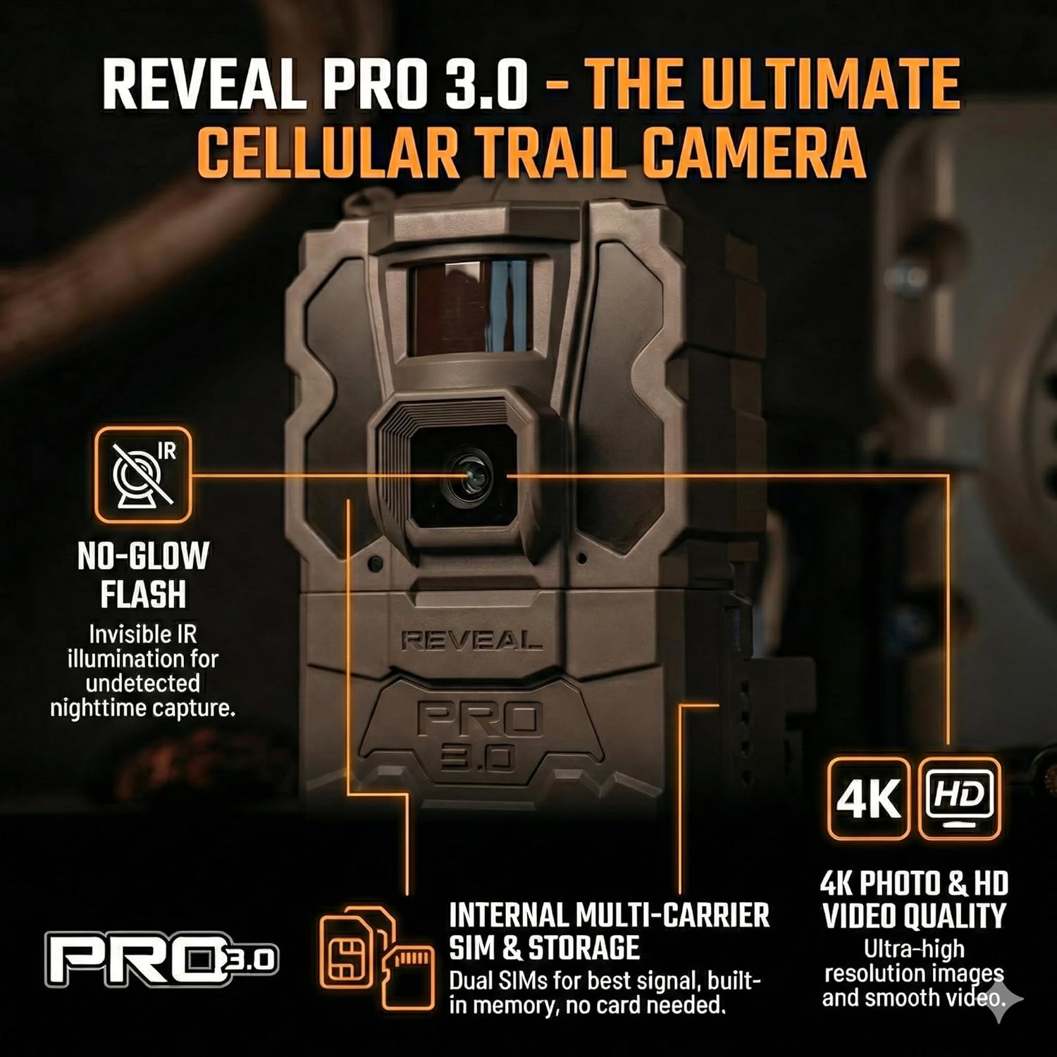 TACTACAM Reveal Pro 3.0 Cellular Trail Camera - Multi-Cellular Network, No-Glow IR, Wi-Fi Enabled, HD Photos & 1080p Videos