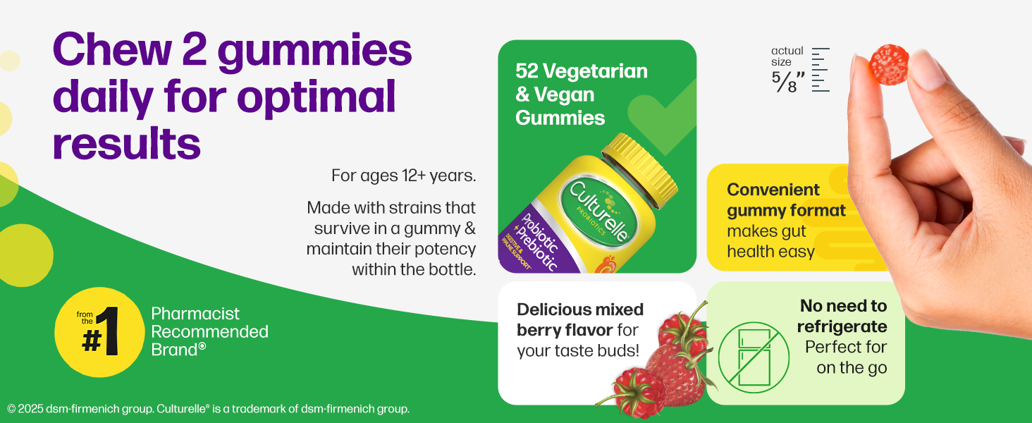 Culturelle Daily Probiotic Gummies for Women &amp;amp; Men Probiotic + Prebiotic for Digestive Health Vegan