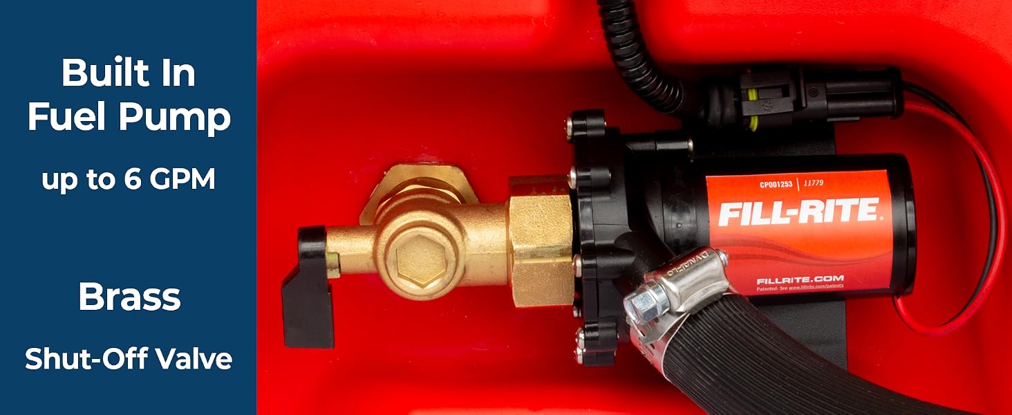 Built in fuel pump, up to 6 gallons per minute; brass shut off valve