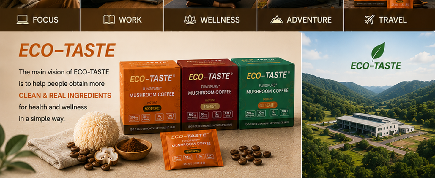 ECO-TASTE mushroom coffee hot drink, long-lasting energy no jitters, easy preparation steps