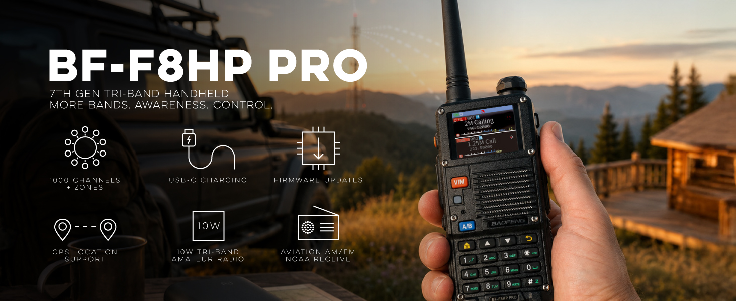 BF-F8HP PRO handheld in use at golden-hour campsite with vehicle, cabin, and mountain view.