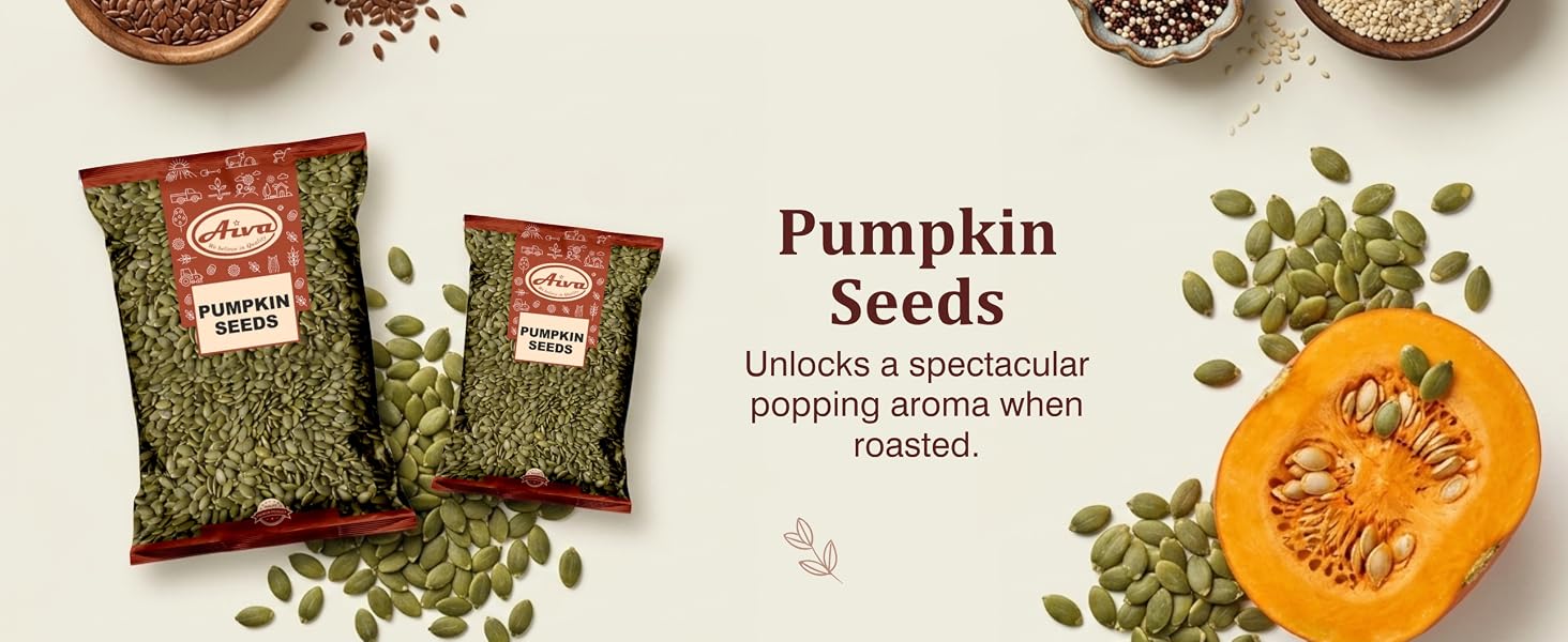 Aiva Pumpkin Seeds shown in pouches with loose product in a bowl.
