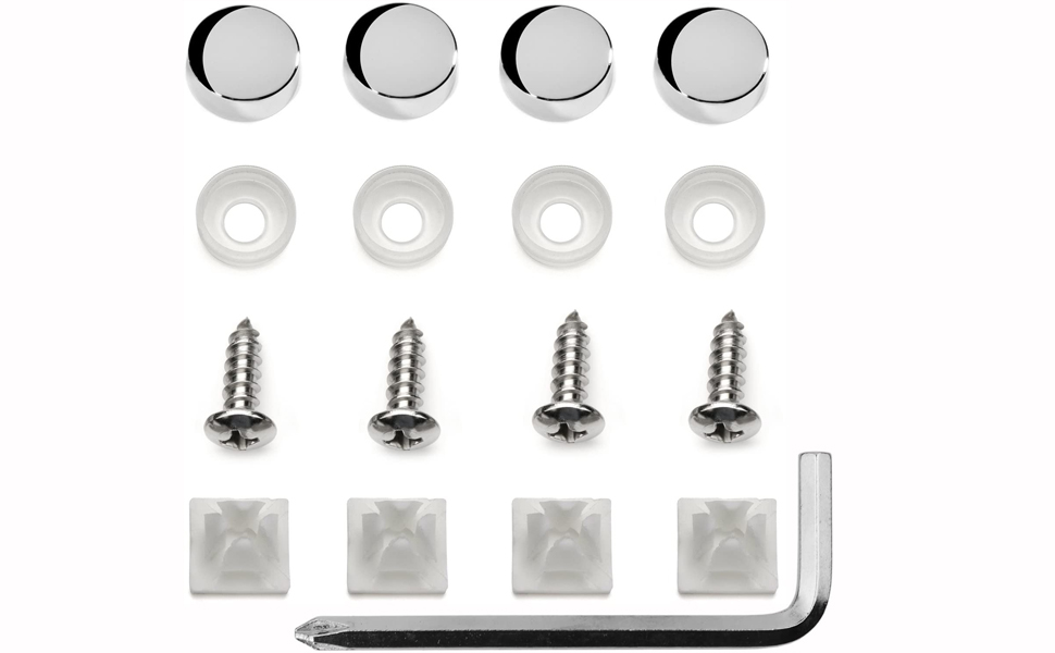 Stainless Steel License Plate Frame Screws Fasteners + Chrome Caps