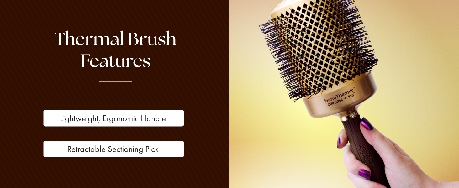 Image of one large ion brush with text reading lightweight ergonomic handle.