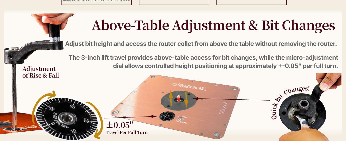 Woodworker routing a board on a table equipped with an O&amp;#39;SKOOL router lift