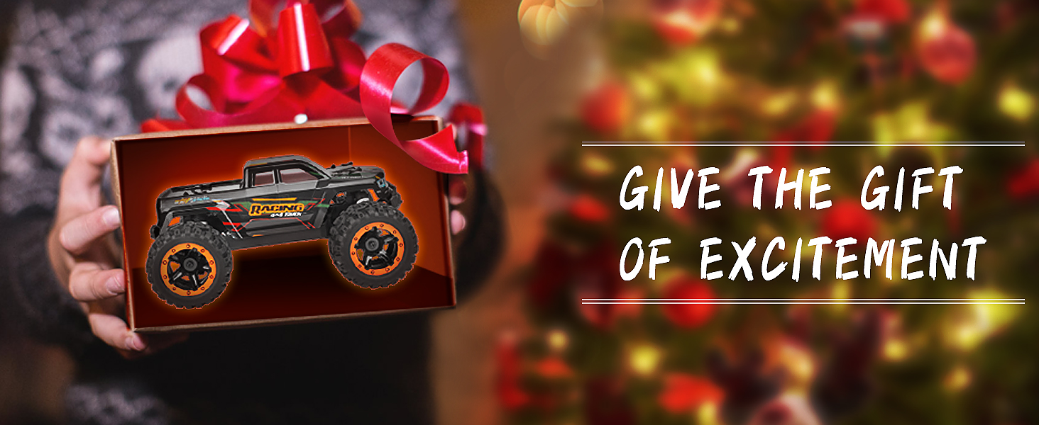 Text reads 'Image 3' and 'GIVE THE GIFT OF EXCITEMENT'. Hands holding vintage-style boombox ornament against blurred festive background.
