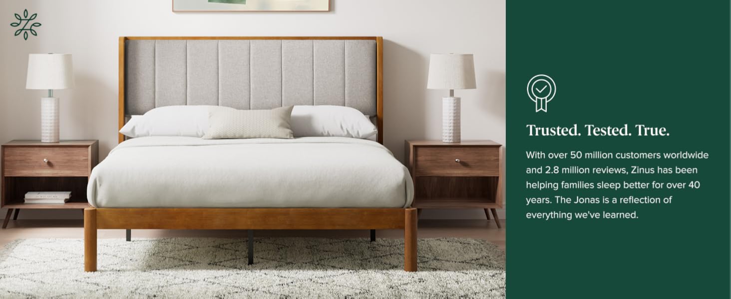 Zinus Jonas Bamboo Bed Frame with wingback headboard and warm bamboo finish in a modern bedroom