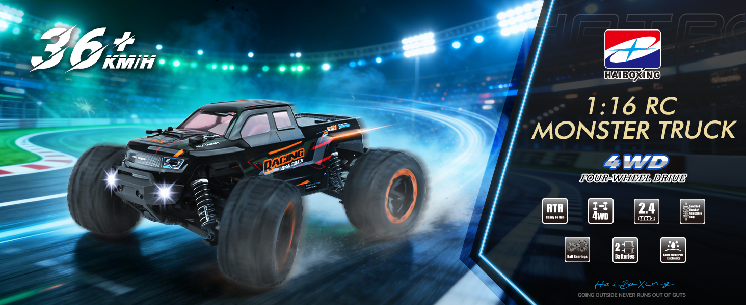 Text reads '36 fps' with 'MONSTER TRUCK'. Digital gaming or promotional banner featuring dark vehicle silhouette against dramatic blue lighting effects
