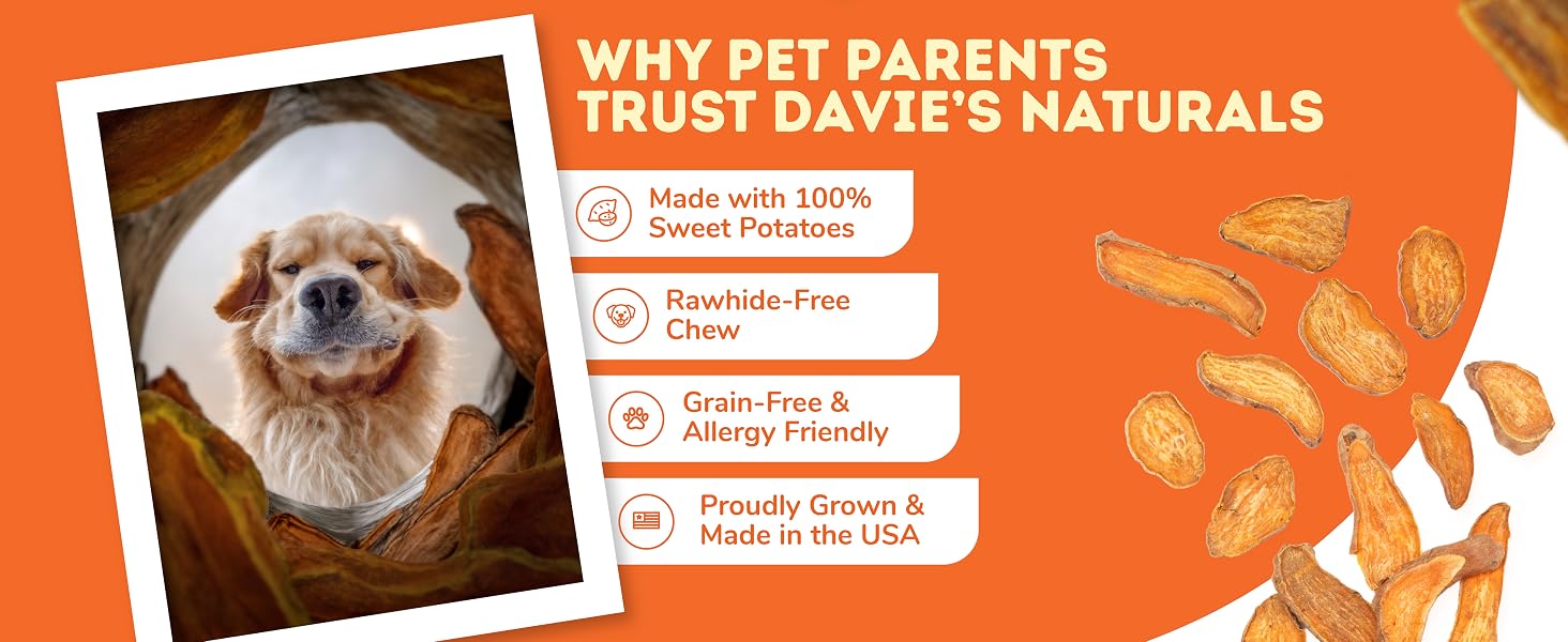 Davie’s Sweet Potato Dog Treats—USA-made, rawhide-free, allergy-friendly snacks from NC farms.