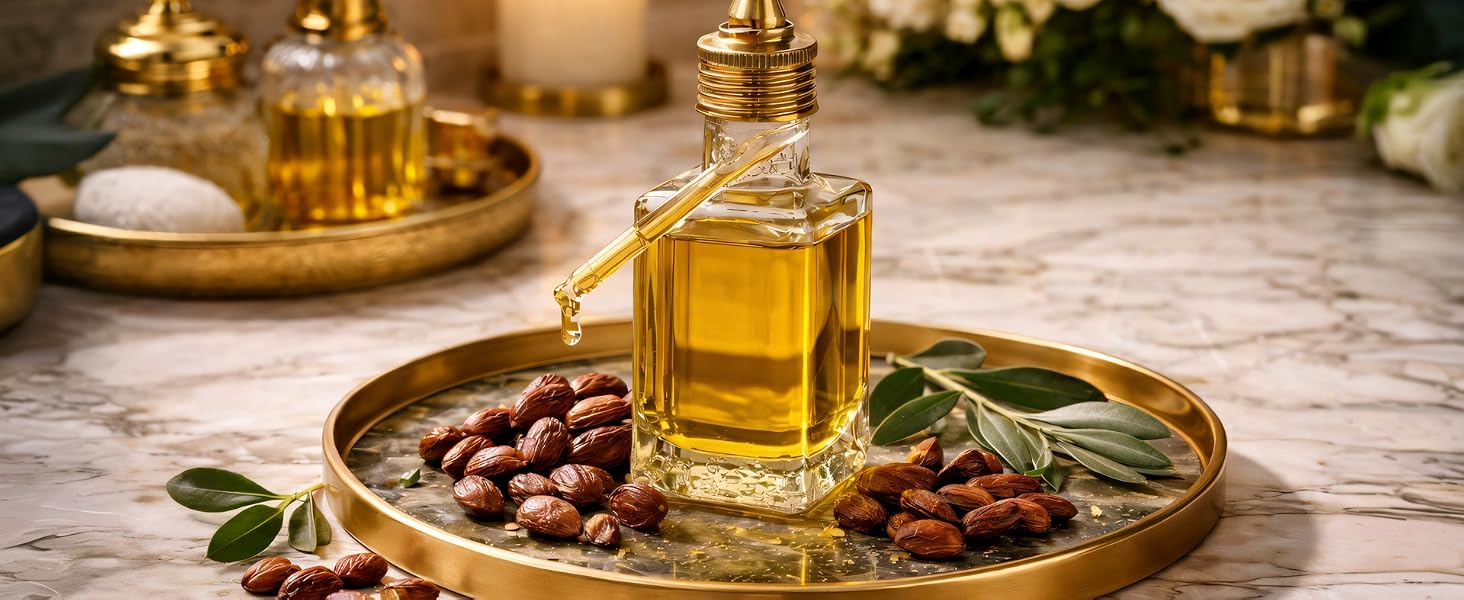 Golden argan oil in a glass dropper bottle on a marble-and-gold tray with argan nuts &amp;amp; green leaves