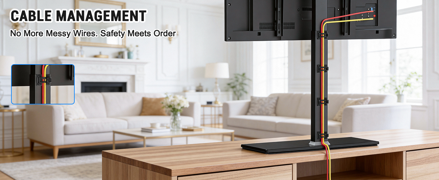 Built-in cable management in table top tv mount allow neat organization of power and video cables