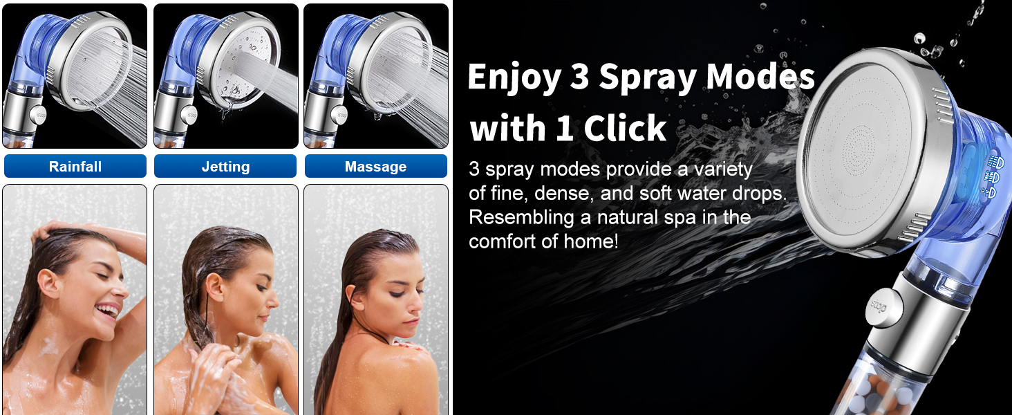 Rainfall, Jetting, Massage mode, enjoy 3 spray modes with 1 click!