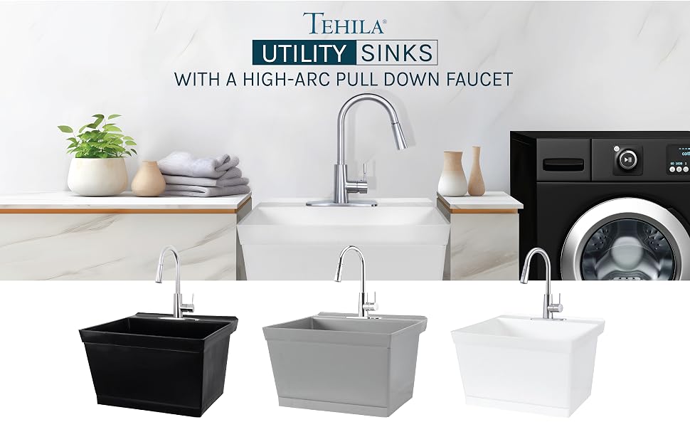Tehila Utility Sink Full Size Laundry Tub High Arc Metal Pulldown Faucet with Spray Function