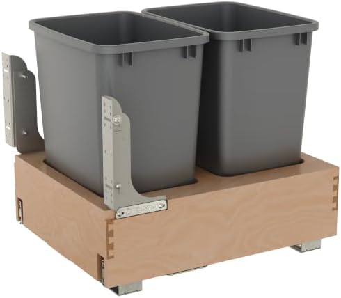 Rev-A-Shelf 35 Qt Bottom Mount Single Pullout Under Cabinet Kitchen Trash Cans for Base Cabinets, 150 Pound Rated Full-Extension Slides, Min Opening Width of 11.5", Silver, 4WCBM-15DM-1