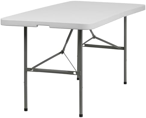 Flash Furniture 5-Foot Bi-Fold Granite White Plastic Folding Table | Lightweight, Easy Storage, Commercial Grade, Carrying Handle