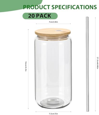 YOUKE OLA 20 Pack Glass Cups with Bamboo Lids and Metal Straw Can Shaped Drinking Glasses, Glass Tumbler Reusable Cute Cups for Whiskey, Iced Coffee