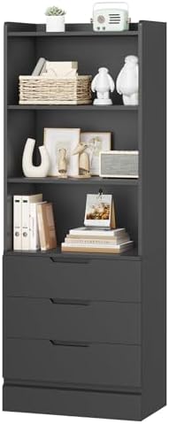 DICTAC 73.23'' Tall Storage Cabinet Bookcase with 3 Drawers and 3-Tier Open Shelves Wooden Bookshelf Kitchen Pantry Storage Organizer Cabinets for Living Room, Study, Kitchen,Bathroom,White