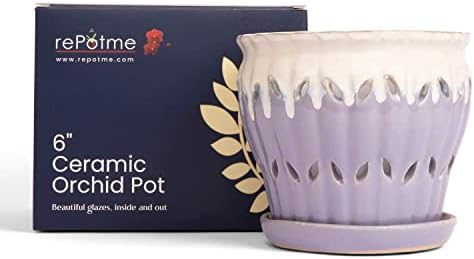rePotme 6" Pinwheel Fluted Ceramic Plant Pot (Cream Over Lavender) - Includes Free 6 inch Slotted Pot Liner - Great for Orchids, Succulents