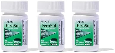 Major Ferosul - Ferrous Sulfate 325mg Tablets with 65mg of Elemental Iron - Iron Supplement for Women, Men - Green - 100 Tablets (3 Pack)