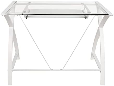 Flash Furniture Jude Tempered Glass Computer Desk with Pull-Out Keyboard Tray and Crisscross Frame, Small Computer Desk for Home Office, Cherry/Clear