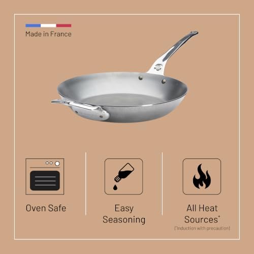 de Buyer MINERAL B Pro Carbon Steel Country Fry Pan with Helper Handle - 12.5” Diameter, 9” Cooking Surface - Ideal for Sauteing, Simmering