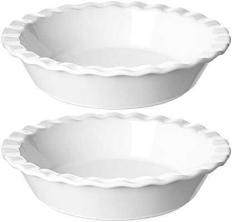 LE TAUCI Ceramic Pie Pans Plate for Baking, 9 inch Deep Dish Baking Dish, 52 ounce Bakeware for Apple Pecan Pie, Set of 2, White