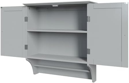 RiverRidge Ashland Collection Two-Door Wall, Gray Cabinet, Grey | Space-Saving Bath Storage Cabinet, Pine Wood Towel Rack, Painted MDF Shelf