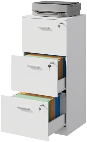 DEVAISE 3 Drawer Wood File Cabinet with Lock, Fits Letter and A4 Size | Wooden Tall Vertical Filing Cabinet, Home Office Printer Stand, Easy Assembly, White