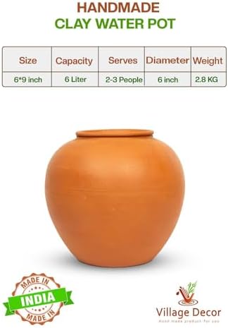 Village Decor Terracotta Water pot With Lid & Glass |Preseasoned Terracotta Mud(Capacity 6000 ml / 202 oz)