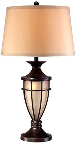 Cage 33" Large Table Lamp Mission Night Light Champagne Nightlight | Brushed Bronze Brown Iron Glass Living Room Bedroom House Bedside Nightstand Home Office Entryway Beige Drum