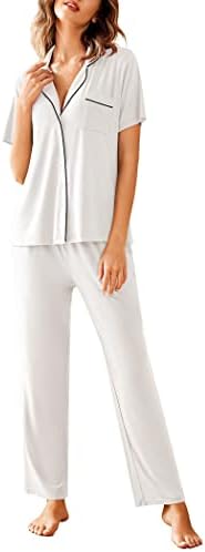 Avidlove Women Pajamas Set Notch Collar Soft Sleepwear Pjs Short Sleeve Button Down Nightwear with Long Pants