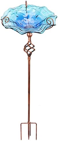 VCUTEKA Glass Bird Bath Outdoor Birdfeeder with Metal Stake Garden Decor