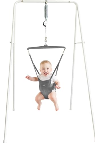 Jolly Jumper Classic (Grey) with Stand - Original Baby Jumper, Indoor and Outdoor Exercise Saddle Seat, Adjustable Height, for Infants up to 28lbs