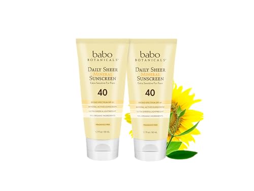 Babo Botanicals Daily Sheer Mineral Face Sunscreen Lotion SPF40 - Natural Zinc Oxide & Titanium Dioxide - 70% Organic Ingredients - Raspberry Oil & Aloe Vera - Fragrance Free - For Face - For all ages