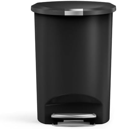 simplehuman 50 Liter / 13 Gallon Semi-Round Kitchen Step Trash Can with Secure Slide Lock, Black Plastic