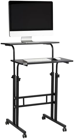 Mind Reader Standing Desk, Adjustable Height Laptop Workstation, Portable Rolling Desk on Wheels, Two-Tier Metal Frame, Black